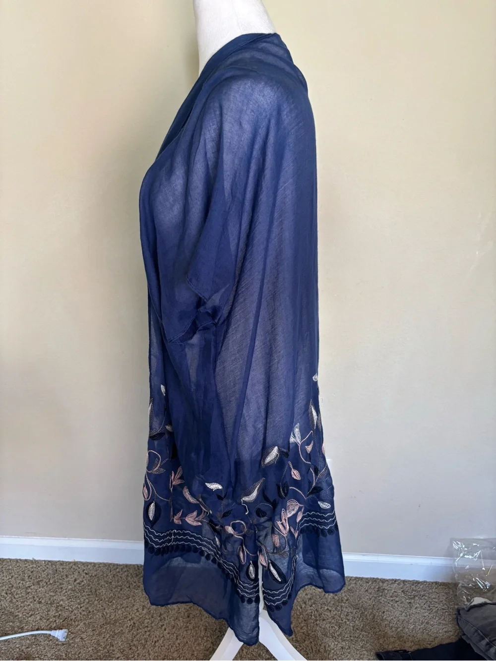 The Skyline Collection Blue Linen Woven Floral Embroidered Shawl Wrap Women NWT